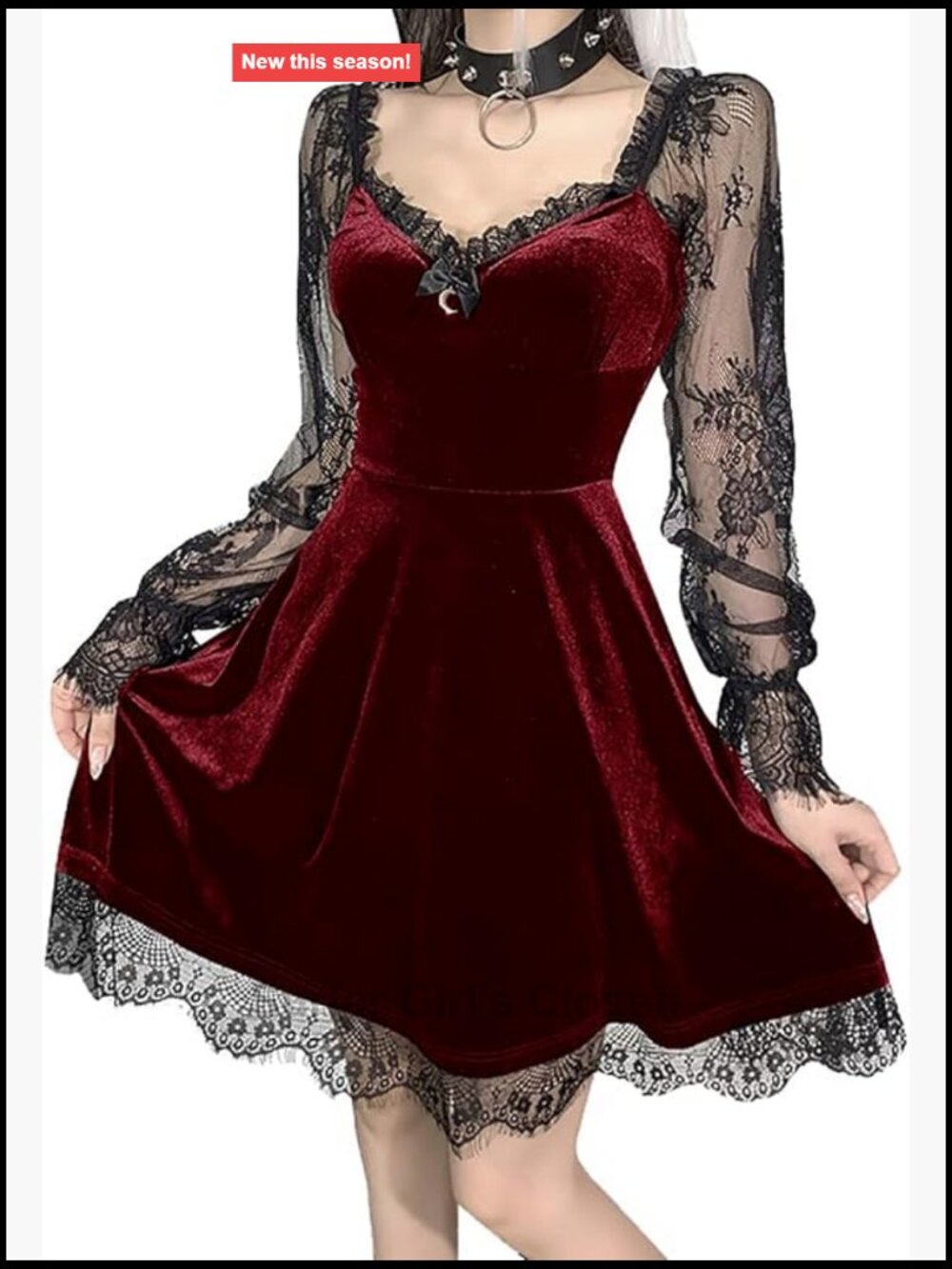Womens Gothic Velvet Midi Dress Long Sleeve Lolita A-Line Lace